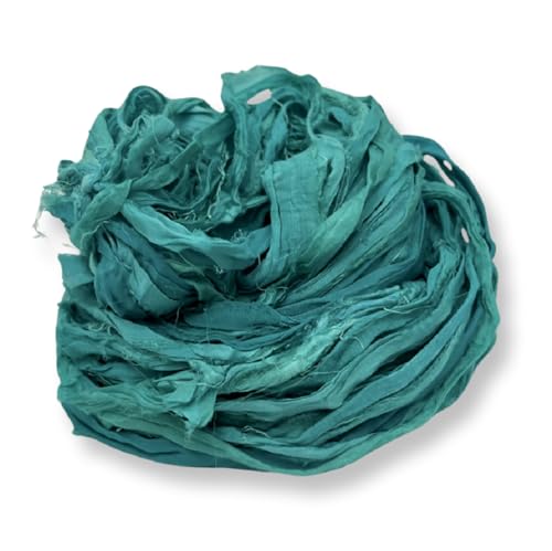 100% Recycled Saree (Sari) Silk Ribbon Yarn - Bulky Weight - 50 Yards per 100 Grams | Knitting & Crocheting | Jewelry Making, Gift Wrapping and Weaving (Reef Green) - color: Reef Green