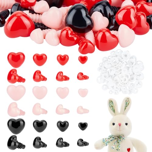 AHANDMAKER 120Pcs Heart Safety Noses Crochet Stuffed Animals Nose Crochet Noses with Washers Animal Crochet Noses 7mm to 20mm for Puppet Plush Craft Accessories