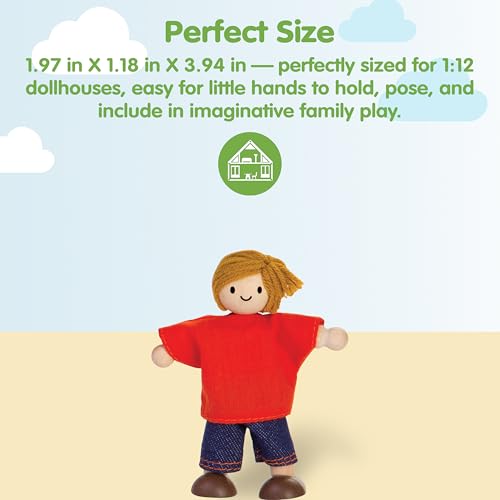 PlanToys® Boy Dollhouse Wooden Figurine Poseable 1:12 Scale 4-Inch Doll | son character, doll house people accessories, bendable arms, kids pretend play, girls storytelling gift ages 3+ for boys - color: Caucasian Boy