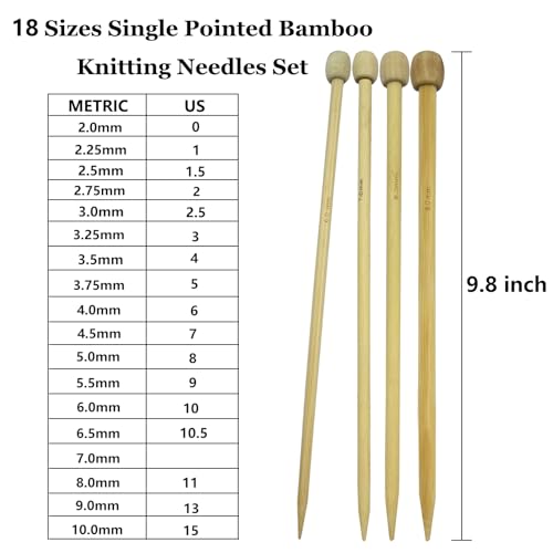 Hobekoee Knitting Needles Set,18 Sizes 2mm-10mm | 36 PCS 9.8" Straight Single Pointed Bamboo Knitting Needles ＆ 18 Pairs 31.5” Bamboo Circular Knitting Needles Set