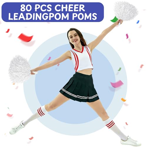 80PCS Pom Poms Cheerleading Sports Dance Spirit Plastic Cheer Pompoms with Handles Cheer Pom Poms Cheerleader Stuff for Cheering Squad Team Spirited Sports Game Dance Party - color: white