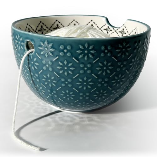 UCDRMA Crochet Yarn Bowl for Knitting, Ceramic Yarn Holder Crocheting Bowl with 3D Relief Pattern, 6in Large Crochet Holder Bowls for Yarn of All Types, Great Decorative Knitting Crochet Supplies - color: Blue