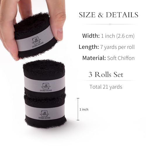 DORIS HOME Handmade Frayed Fringe Chiffon Ribbon 1" x 21Yd Black | Fabric Ribbon, For Flower Bouquet/Gift Wrapping/Wedding Invitations/Halloween Decorations/Party Decor - color: Black