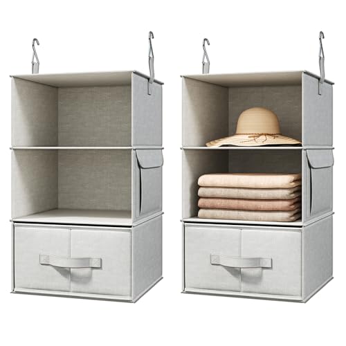 2 Pack 3-Shelf Hanging Closet Organizer with 2 Drawers, Silver Gray | Two Hanging Organizers with Fabric Drawers, Space-Saving Closet Storage for Clothes, Baby Items, Nursery and Dorm Rooms - color: Silver Gray, size: 3-Shelf Set of 2