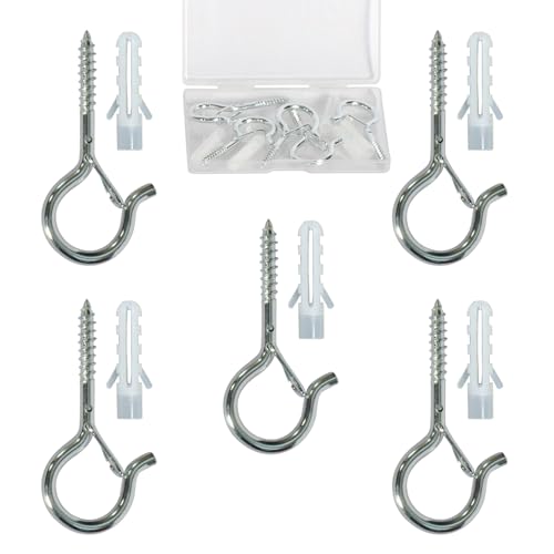 5-Pack Heavy Duty 2.08-Inch SilverScrew Hooks - Rustproof Metal with Safety Lock, 30LB Capacity（Includes Storage Case & Plastic Caps） (5, Silver) - color: Silver