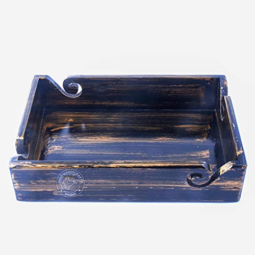 Solid Handmade Crafted Wooden Portable Antique Yarn Storage Bowl Tray - Holder for Knitting Crochet Hook Accessories - Multipurpose Organiser (Black Gold, 12" x 8" x 2.5") - color: Black Gold