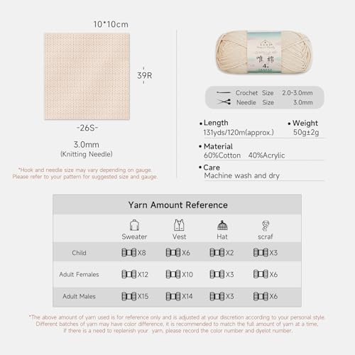 Susan's Family Combed Cotton 4 ply Yarn 5x50g-5Packs-23#Spruce Yellow | 5skein pack balance 60cotton40acrylic blend Fingering Yarn Soft breathable durable crochet and knit baby blanket cardigan toy - color: 23#Spruce Yellow