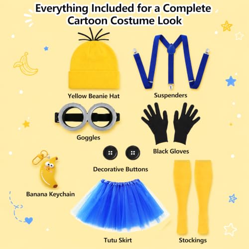 ZIW Yellow Cartoon Character Costume Set Adult Women Funny Halloween Outfit | Easy Halloween Costumes with Beanie Goggles Gloves Banana Keychain Animated Dress Up Cosplay Kit - color: Yellow for Women