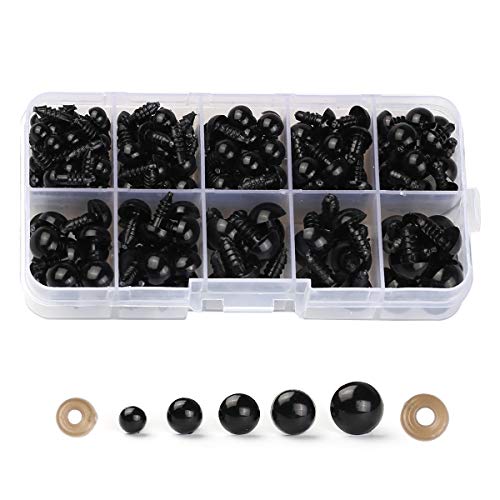 100PCS 6mm-12mm Solid Black Eyes with Washers, Sewing for DIY of Puppet, Plush Animal Making and Teddy Bear - color: 6mm-12mm， 100 PCS