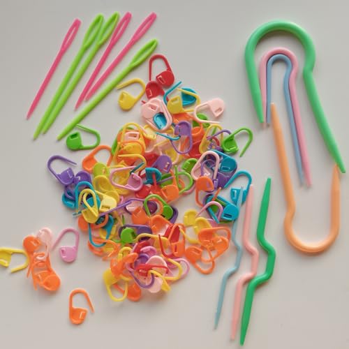 100 Mix Color Knitting Stitch Counter Crochet Locking Markers and 7 U Shape Multicolor Bent Cable Stitch Holder Needles Plastic Twist Curved Hand Knitting Needles with 6 Large Blunt Knitting Needles