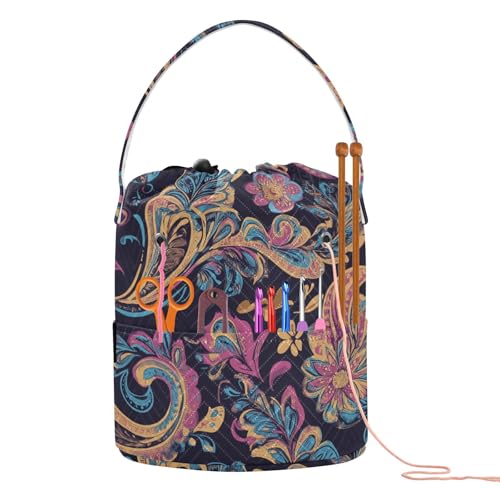 Fustylead Beautiful Pink Blue Paisley Floral Pattern Knitting Yarn Storage Tote Basket, Durable Polyester Large Crochet Drawstring Bag for Crocheting Project, Sewing Supplies, Needles - color: Blue13 Paisley Floral