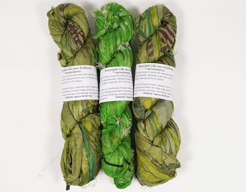Artisan Recycled Sari Silk Ribbon Yarn - 300g (3 x 100g Skeins) | Handmade Upcycled Silk Strips for Crochet, Macramé, Weaving, Rug Hooking & Mixed Media Crafts | Green - color: Green