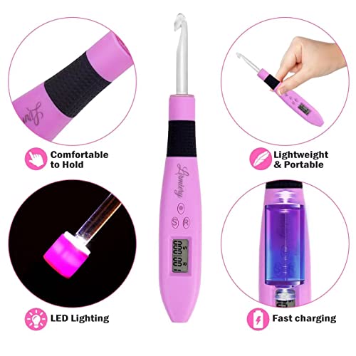 Lirmiery 17 Sizes Counting Crochet Hook Set Digital 2.50~14.0mm,2 Levels Brightness Dimmable Light Up Crochet Hooks for Stitch & Row Counter,Beginner Knitting Kit with 17Interchangeable Crochet Hooks - size: 17size Counting Crochet