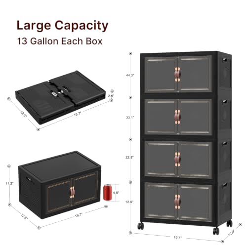 UAMFURI Stackable Storage Bins with Lids, 192QT Lockable Storage Cabinet | Folding Storage Box with Doors and Wheels, Collapsible Plastic Drawers for Home, Garage, Office - color: Black, size: Medium