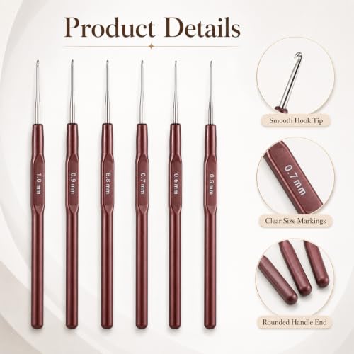 6pcs Small Size Crochet Hooks for Arthritic, Crochet Needle for Arthritic, Ergonomic Handle 0.5mm Hooks for Thread 0.5mm~1mm for Beginners, Smooth Knitting