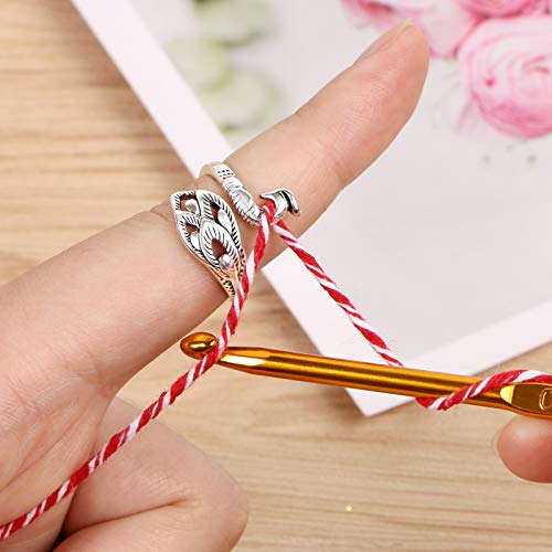 MIKIMIQI 2 Pack Adjustable Knitting Loop Crochet Loop Yarn Guide Finger Holder Ring Knitting Accessories Peacock Open Finger Ring Adjustable Braided Ring for Faster Knitting