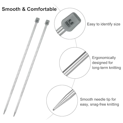 uxcell 2Pcs 5.5mm(I) Single Pointed Knitting Needles Stainless Steel 13.8 Inches Length Metal Weaving Tool for Handmade Projects DIY Knitting - size: 5.5mm, 13.8"