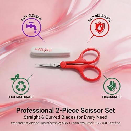 PAFASON Small Travel Sewing Crafting Scissors Set Straight Curved Tip | Stainless Steel for Quilting DIY Knitting Embroidery Cross Stitch Crochet Thread Yarn Paper Detail Cutting Safety Case - color: Curved 3.5in Red + Straight 4in Purple
