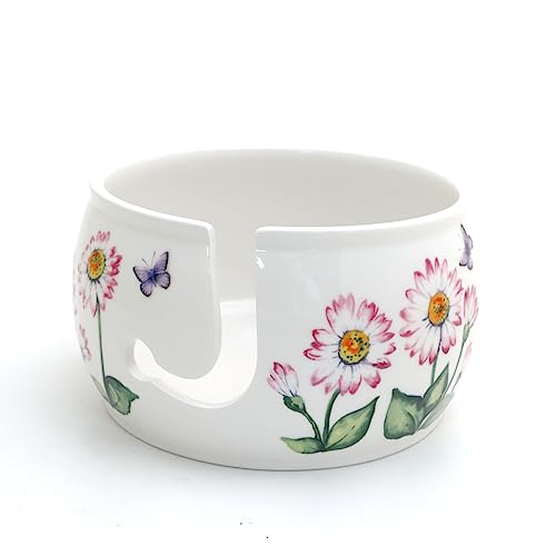 Daisy Ceramic yarn bowl, pink daisies LennyMud by Lorrie Veasey