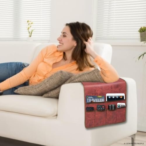 HAOMAIJIA Sofa Armrest Organizer, Remote Control Holder for Recliner Couch | Anti Slip Arm Chair Bedside Caddy Storage Organizer With 6 Pockets For Cell Phone Tv Remote Control Magazines (red) - color: red, size: 35 Inches × 19.3 Inches