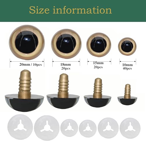 ARTCXC 10/15/18/20mm Gold Safety Eyes for DIY Crocheting | 180pcs Craft Eyes and Washers for Handmade Plush Animal Amigurumi,Premium Material,Easy to Install - color: Gold