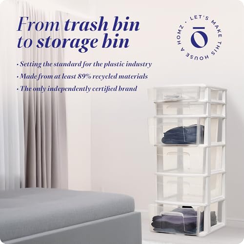 HOMZ Drawer Tower, 6-Tier Storage Cart with Removable Wheels, White Frame | Plastic Organizer with Clear Bin Drawers for Bedroom, Bathroom, Home Office, and Dorm Rooms