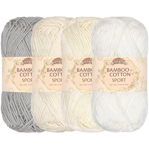JubileeYarn Bamboo Cotton Sport Yarn - 50g/Skein - Shades of White - 4 Skeins - color: Shades of White, size: 4 Skeins