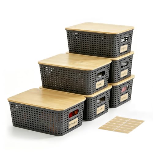 Bagnizer Small Plastic Storage Bins with Bamboo Lids 5.2qt Stackable Box Basket Pantry Decorative Containers Cute with Lable for Organizing Desktop Closet Office Gray of 6 packs 10 * 7.2 * 4.1" - color: Gray, size: Small- 6 Pack