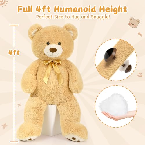 MorisMos 47inch Giant Teddy Bear Stuffed Animal 4ft, Large Teddy Bear Plush, Big Stuffed Bear Gifts for Kids, Girls, Girlfriend, Women on Baby Shower, Valentine, Christmas, Birthday (Light Brown - color: Light Brown, size: 4 ft