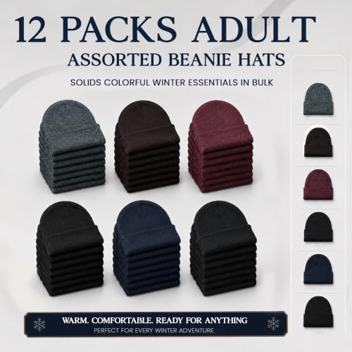 Yacht & Smith Wholesale Beanie and Glove Winter Bulk Kit, Kids Adults Bulk Sets, Homeless Donation Shelters - color: 12 Pack Adults Assorted Solids (B)