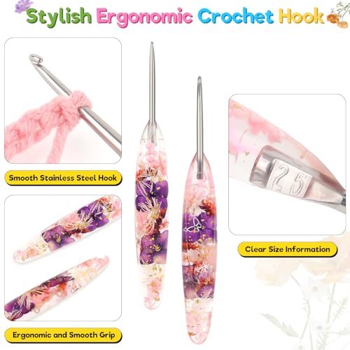 Katech 2.5mm Crochet Hook for Arthritic Hands,Hand-Polished Stainless Steel | Ergonomic Crochet Hooks with Customized Sparkle Dried Floral Grip, Smooth Tapered Hook-Crochet Gift for Beginner & Crocheter - size: 2.5mm