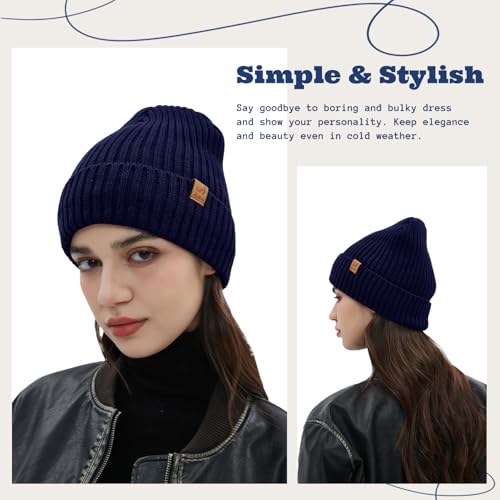 ACUSHLA Waterproof Windproof Winter Hat for Men Women Fleece-Lined Beanie - color: Navy Blue
