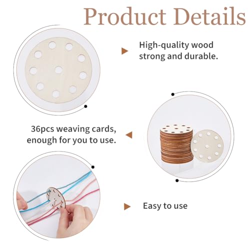 DICOSMETIC 36Pcs Wood Weaving Cards Round Loom Cards 2.15x2.15x0.1 Inch Tablet Weaving Supplies Burlywood 10 Hole Knitting Card for Gift DIY Tapestry Handcraft Tool, Hole: 6mm - size: 5.45x0.25cm