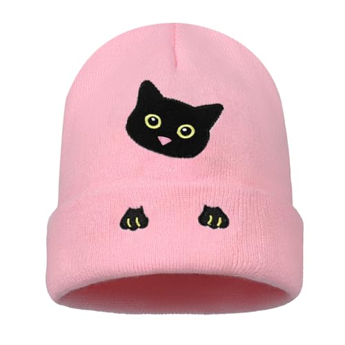 Personality Animal Head Embroidery Knit Beanie Hat for Adult and Big Kids Winter Warm Skull Cuffed Hats - color: Cat-pink