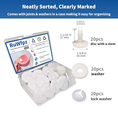 RuWfpz Doll Joints for Amigurumi Crochet 45mm 20 Sets Plastic White 1-3/4" | Add More Flexibility, Toy Safety Joints for Stuffed Animals, Movable Amigurumi Crafts Teddy Bear Joints for Arm Leg Neck - size: 45 mm