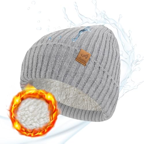 ACUSHLA Waterproof Windproof Winter Hat for Men Women Fleece-Lined Beanie - color: Light Grey