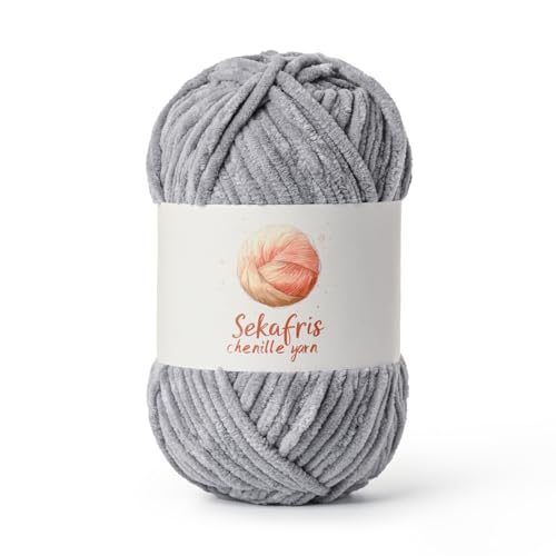 Chenille Yarn for Crocheting, Size 5 Bulky,Grayish | 100g/131yds Soft Chunky Velvet Yarn for Crochet and Knitting,Fluffy Baby Yarn for Amigurumi,Blankets and DIY Crafts. - color: Grayish