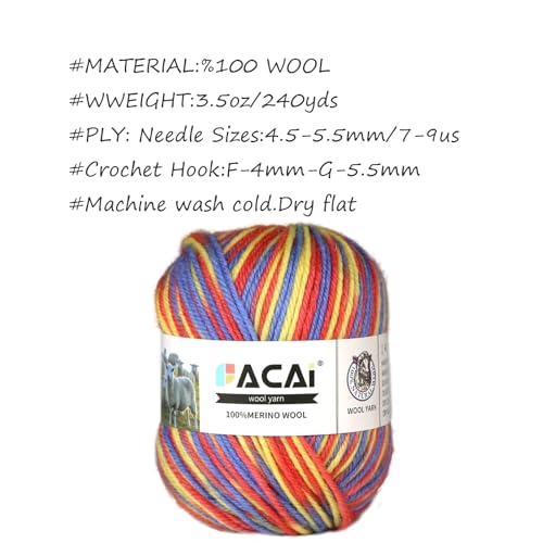 Facai Merino Wool Yarn Sock Yarn - 100% Pure Merino Wool Roving for Knitting, 1-Ball Set, 3.5oz (240 Yards), Worsted Weight (1, Red, Yellow Blue) - color: Red, Yellow Blue