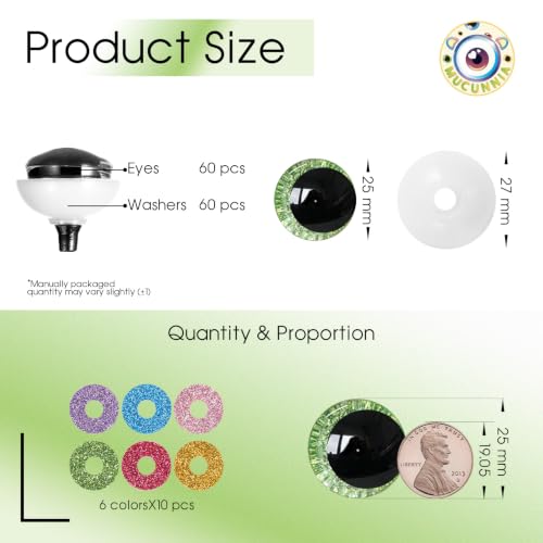 MUCUNNIA 120pcs 25mm 3D Glitter Safety Eyes for Crocheting with Washers Moon Crochet Amigurumi Eyes for Crochet Animals Craft Eyes Doll Eyes Stuffed Crochet Eyes for Crafts Gift for Crochet Lovers - size: 25mm
