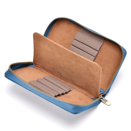 Fountain Pen Leather Pen Case 10 Divided Slots, Rollerball Pen Holder Handmade Display Organizer Zippered Pouch - color: Blue