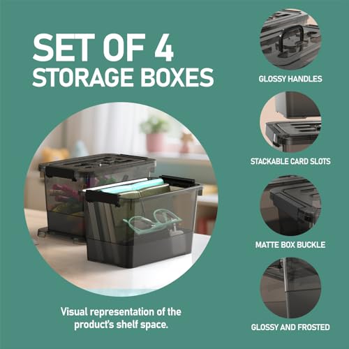 4 Pack 7 Quart Clear Black Storage Bins with Latching Lids, Stackable Plastic Storage Containers for Closet, Pantry & Garage Organization - color: Black, size: 7 Quart