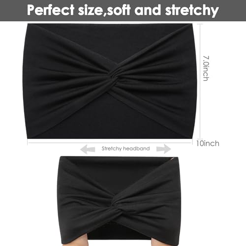 HAUHC Extra Wide Headbands for Women, 7'' Large Cotton Like Turban Knotted Bandana Head Bands for Women Non Slip, Boho Headbands for Women's Hair (All Black-6Pcs, Extra Large 7" Wide) - color: All Black-6Pcs