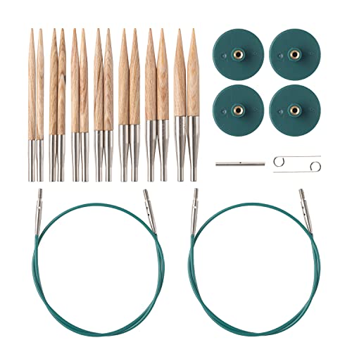 Knit Picks Sunstruck Wood Short Interchangeable Knitting Needle Set US 4-10 | 7 sizes of 2.75 inch long knitting needles in light color, includes cables, end caps, and connectors. - color: Sunstruck