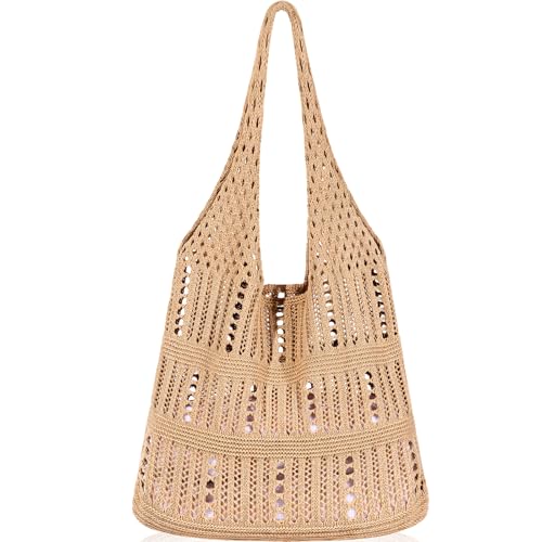 WantGor Crochet Bags, Beach Mesh Tote Bag Womens Shoulder Shopping Handbag | Casual Travel Totes Bag Foldable Hobo Bags - color: Brownish Yellow