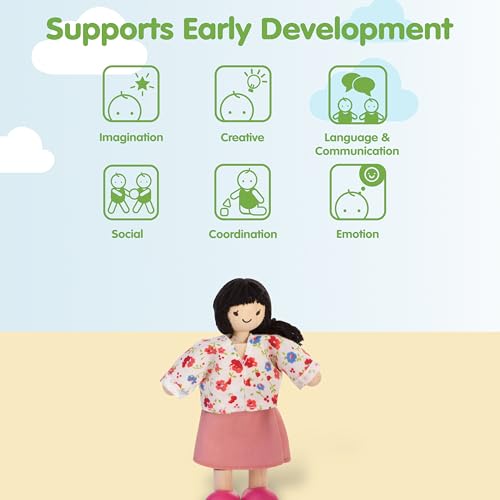 PlanToys® Mother Wooden Poseable Dollhouse Figurine 1:12 Scale 5-Inch Doll | mom character, doll house people accessories, bendable arms, kids pretend play, storytelling learning gift ages 3+ for girls - color: Asian Mom