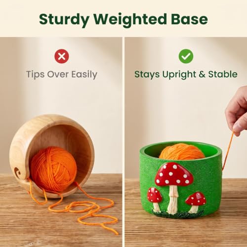 Green Resin Mushroom Yarn Bowl Holder with Dual Holes for Knitting Crochet | Green resin mushroom yarn storage bowl with side outlet holes to keep yarn smooth and tangle-free for knitting and crochet.
