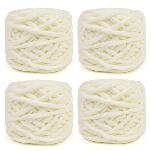 Super Bulky Chenille Yarn for Crocheting – 4 Pack of 100g/3.5oz, CYC #6 Super Bulky Weight Rope-Like Chunky Yarn, Fuzzy Matte Thick for Crocheting Blankets, Bags & Rugs (Cream White) - color: Cream White
