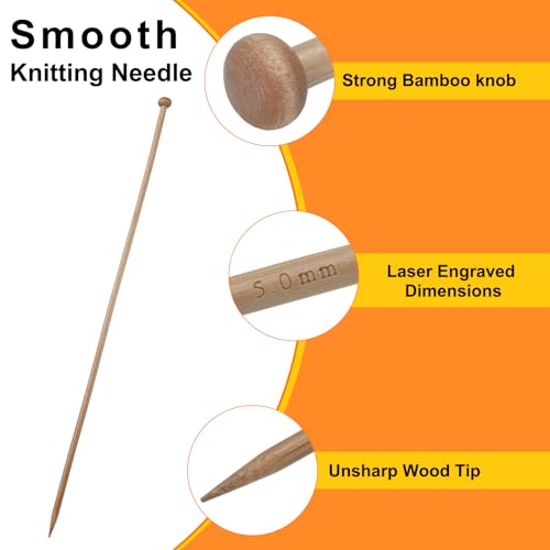 HARFINGTON 5mm Bamboo Knitting Needle Straight Single Pointed 13.8 Inch Long Wooden Sweater Knitting Needles US Size 8 for Yarn Beginners Hand Sock DIY - size: 5mm US Size 8