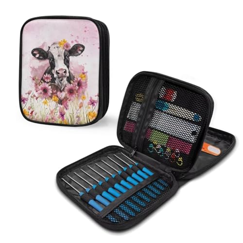 Cow Crochet Hook Case Lightweight Flower Crochet Organizers and Storage Soft for Travel Outdoors Home Easy to Carry - color: Cow Flower