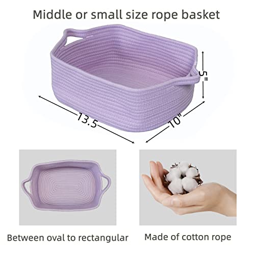 XUANGUO Medium Woven Cotton Rope Storage Basket with Handles, Light Purple | Small decorative rectangle storage bin for baby nursery items and cat toys; ideal as an empty gift basket or dog toy basket - color: light purple